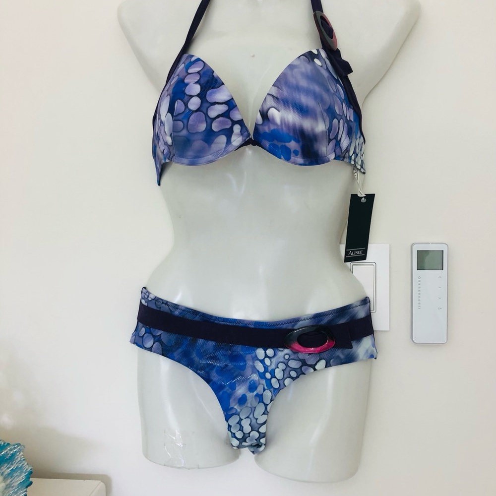 Lily of France Blue Pattern Halter Bikini with Ring Accents